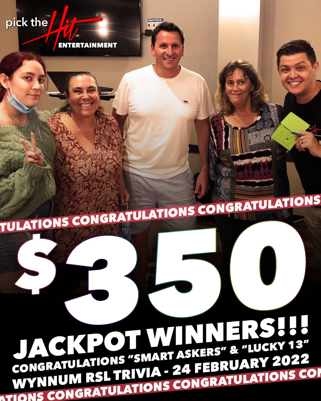 Smart Askers & Lucky 13 - Trivia winner at Wynnum RSL, February 2022