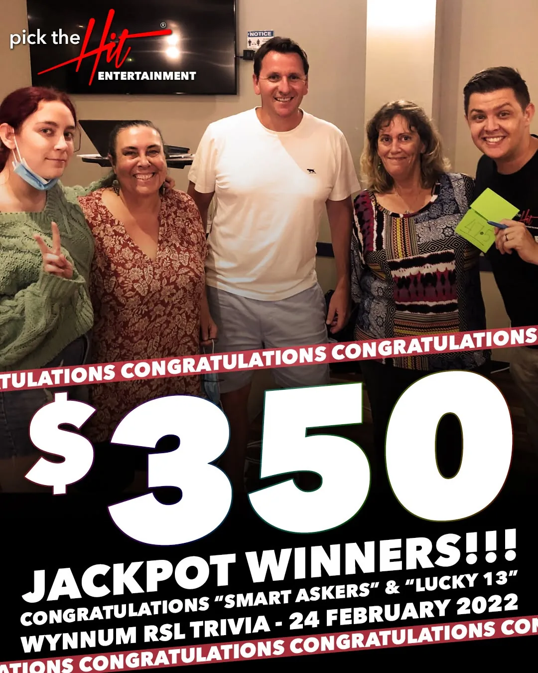 Smart Askers & Lucky 13 - Trivia winner at Wynnum RSL, February 2022