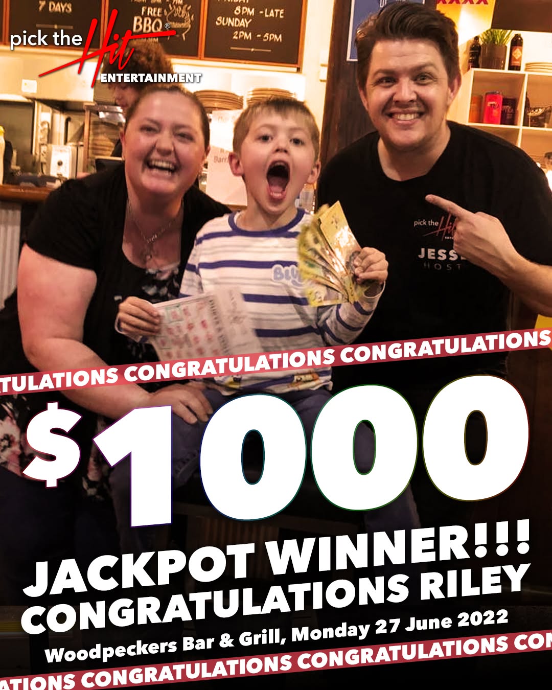 Riley - Music Bingo winner at Woodpecker Bar & Grill, June 2022
