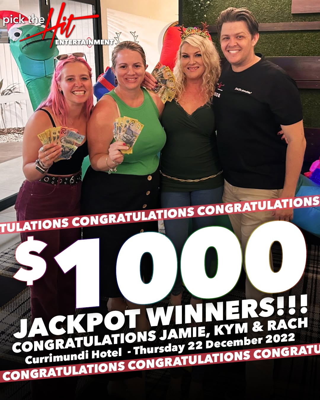 Jamie, Kym & Rach - Music Bingo winner at Currimundi Hotel, December 2022