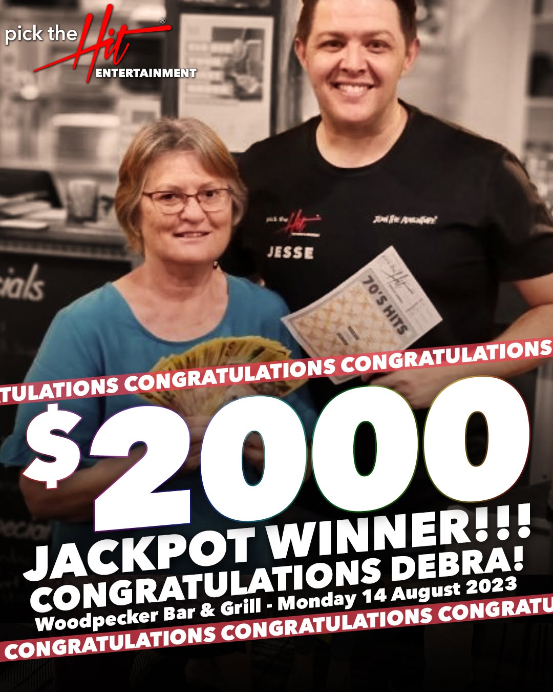 Debra - Music Bingo winner at Woodpecker Bar & Grill, August 2023