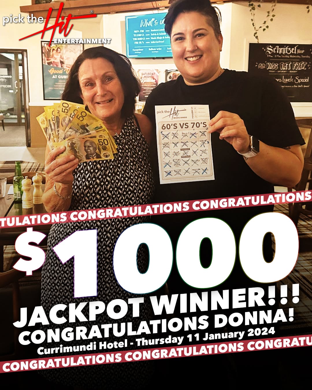 Donna - Music Bingo winner at Currimundi Hotel, January 2024