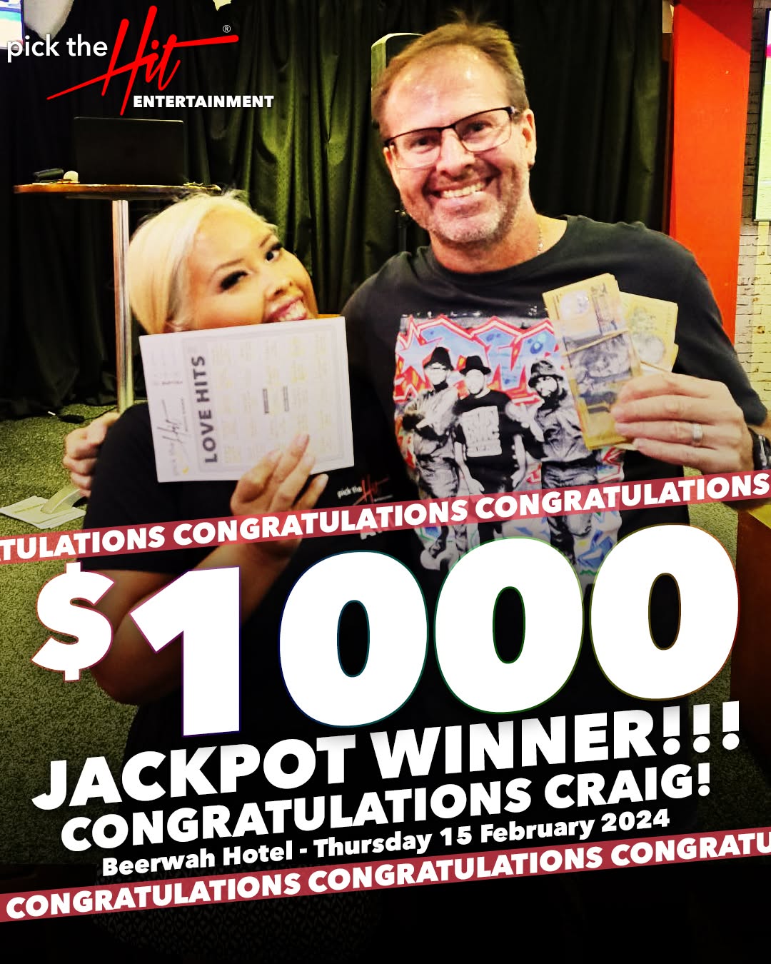Craig - Music Bingo winner at Beerwah Hotel, February 2024