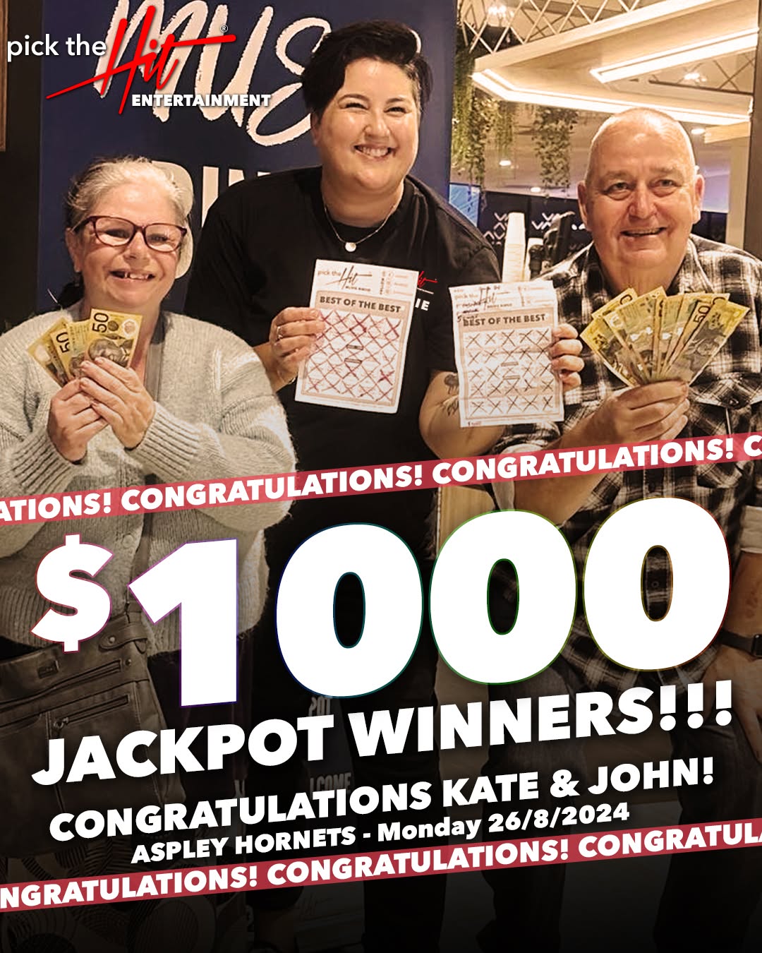 Kate & John - Music Bingo winner at Aspley Hornets, August 2024
