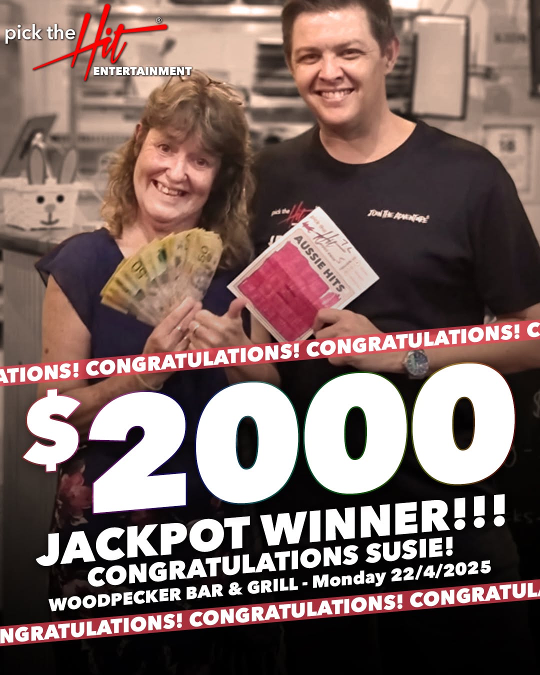 Susie - Music Bingo winner at Woodpecker Bar & Grill, April 2025
