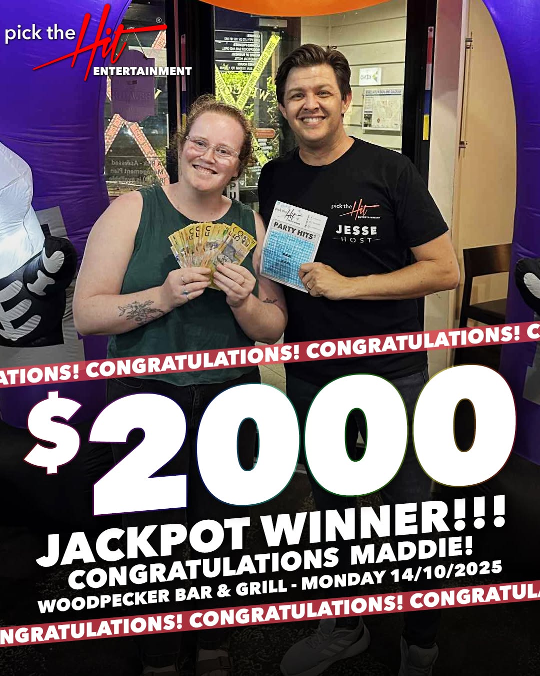 Maddie - Music Bingo winner at Woodpecker Bar & Grill, October 2025