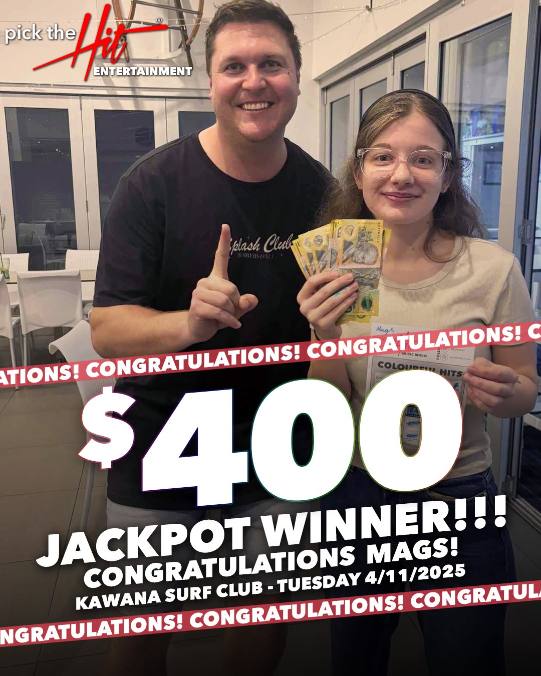 Mags - Music Bingo winner at Kawana Surf Club, November 2025