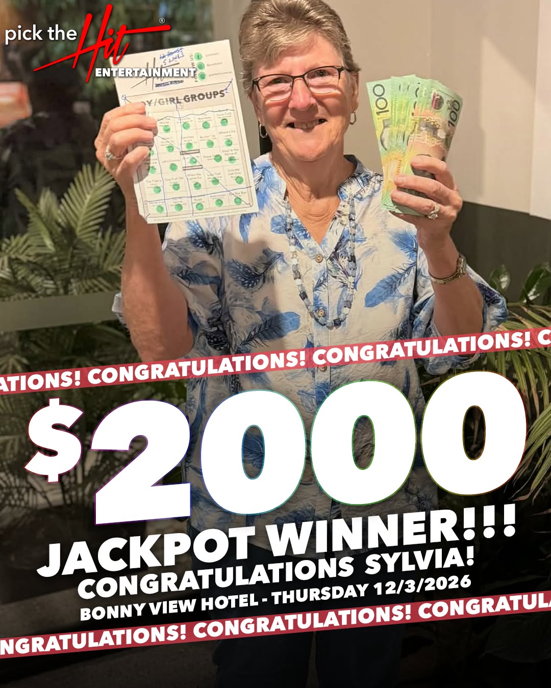 Sylvia - Music Bingo winner at Bonny View Hotel, March 2026