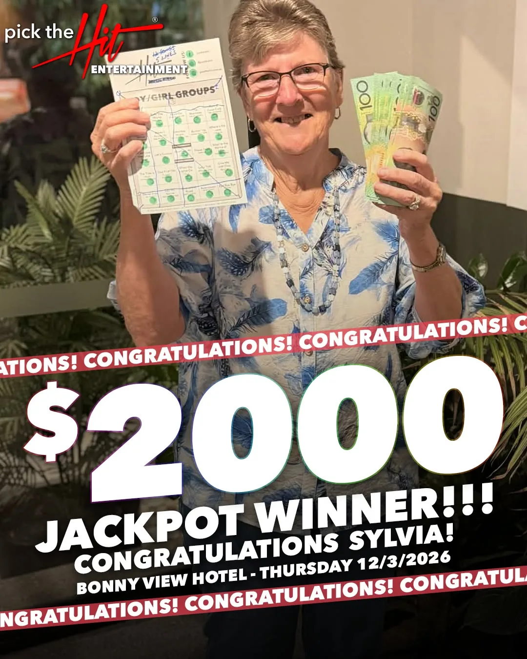 Sylvia - Music Bingo winner at Bonny View Hotel, March 2026
