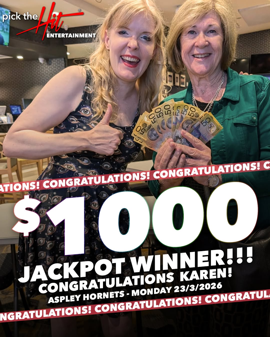 Karen - Music Bingo winner at Aspley Hornets, March 2026