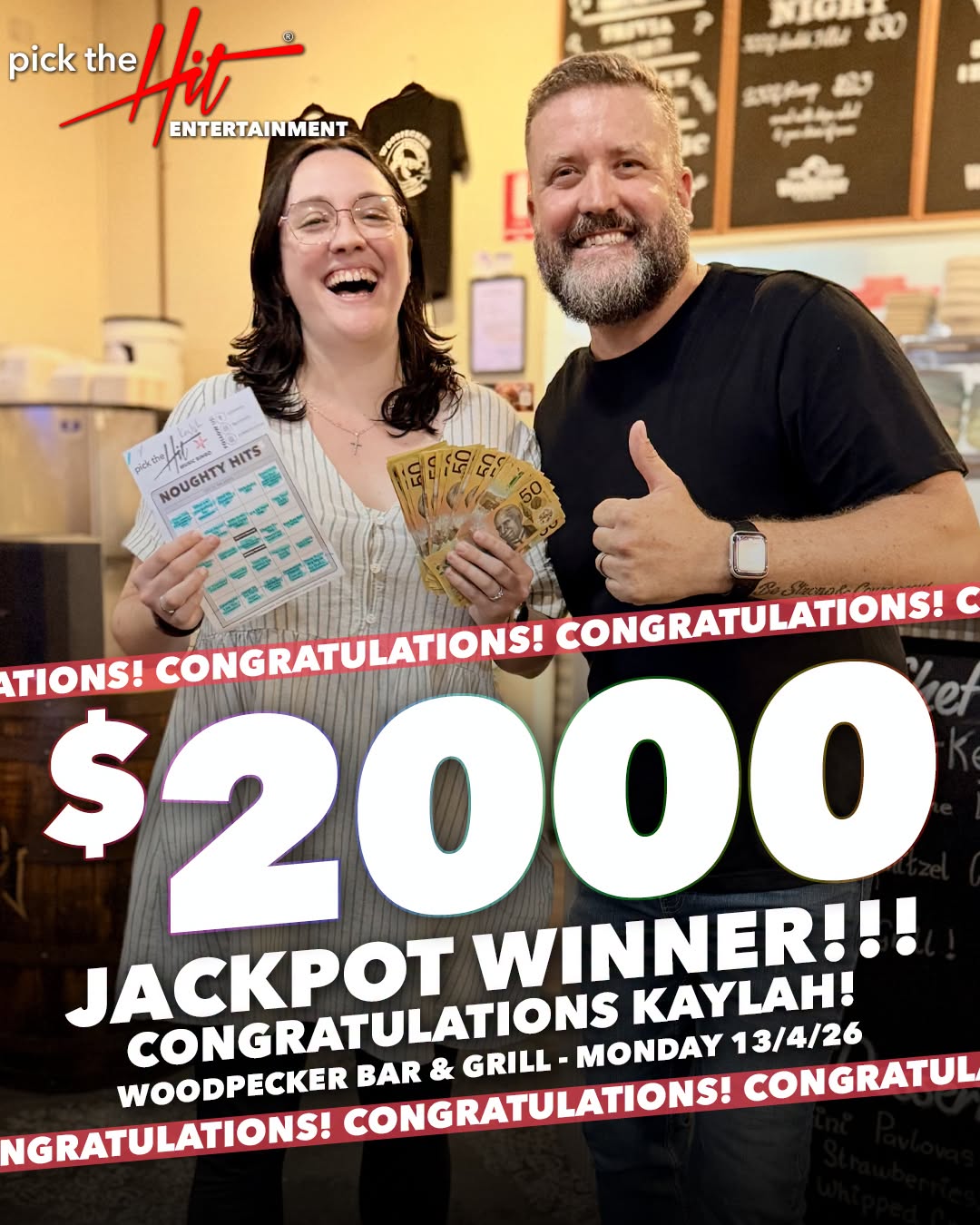 Kaylah - Music Bingo winner at Woodpecker Bar & Grill, April 2026
