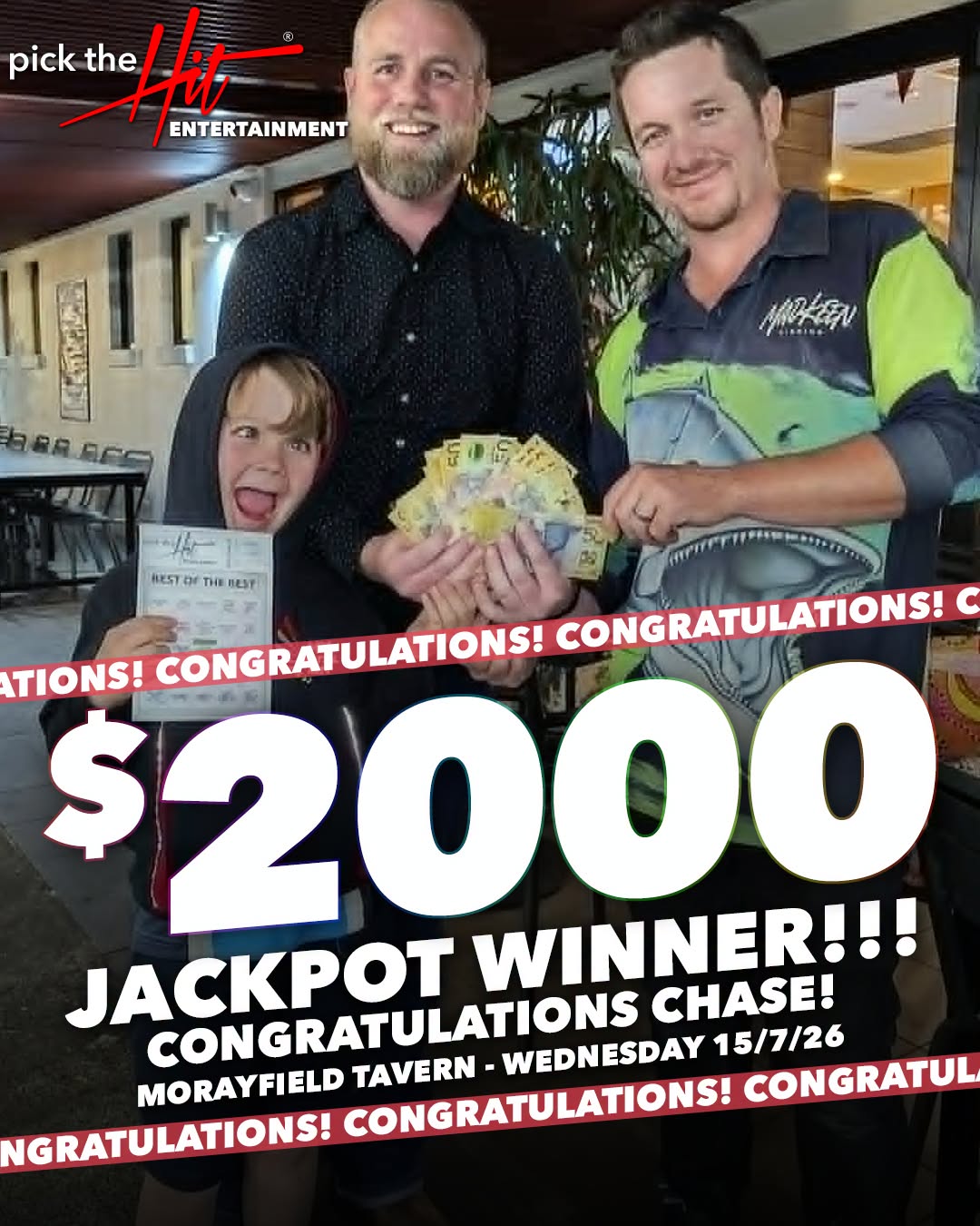 Chase - Music Bingo winner at Morayfield Tavern, July 2026