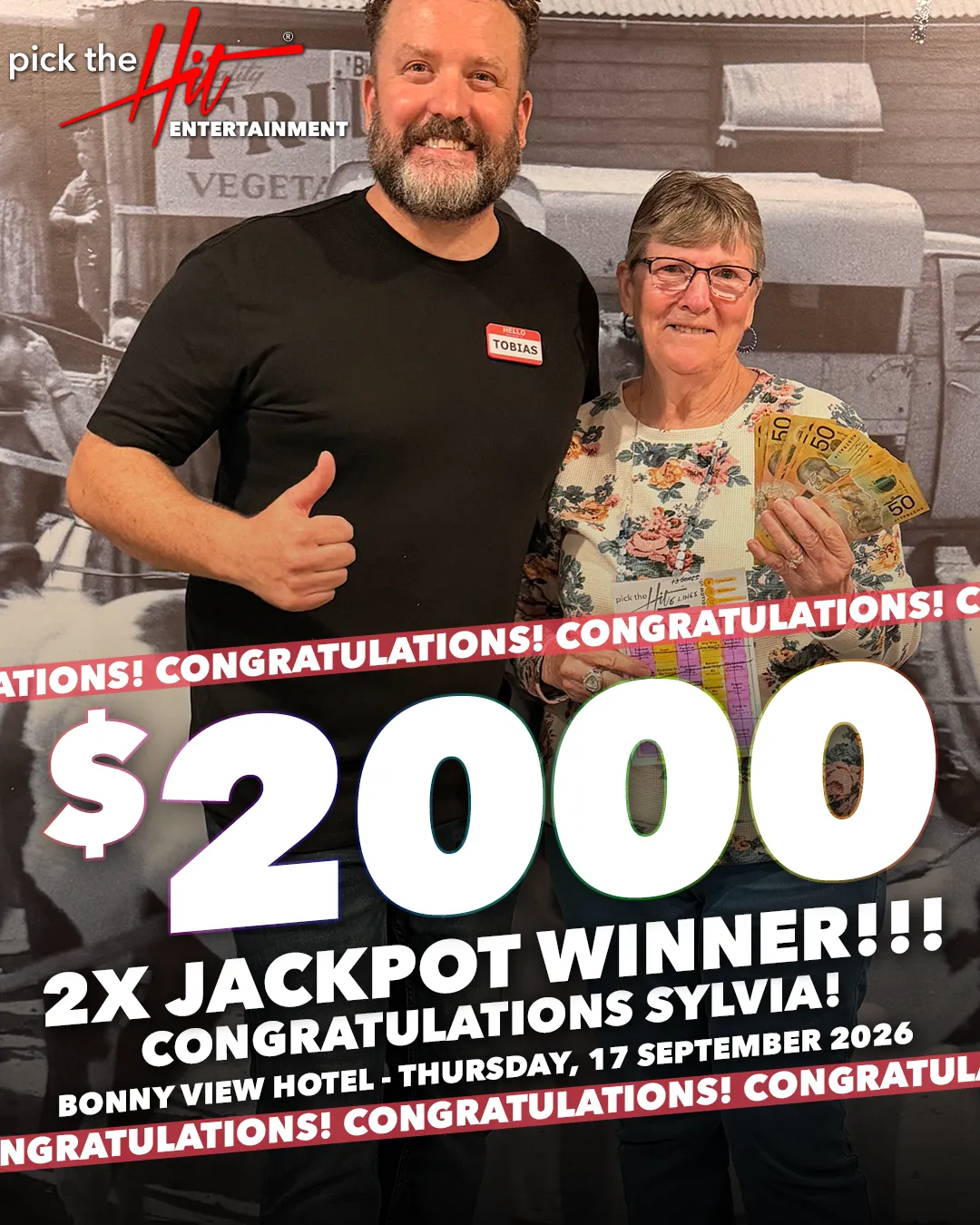 Sylvia - Music Bingo winner at Bonny View Hotel, September 2026